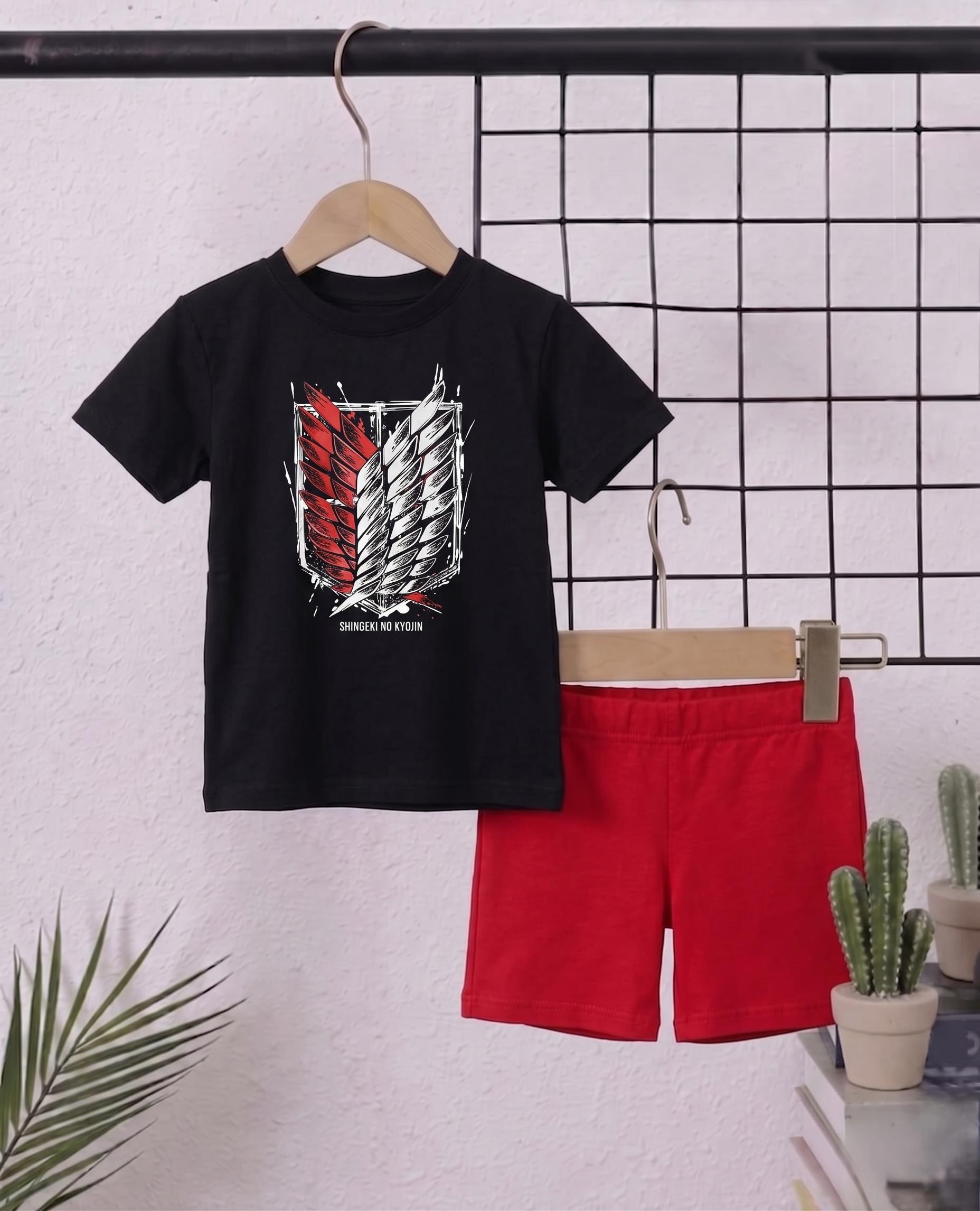 Kids Outfit Boys Black Graphic T-Shirt & Red Shorts Set - Image 2